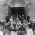 Members of the Class of 1892 at the Jamacia Plain High School (formerly West Roxbury High) pose on the front steps of the school. Above the door is inscribed, "Eliot High School" and the dates 1689, the year the school was endowed by John Eliot, and 1867, the year the school was built. Photograph courtesy of the West Roxbury Historical Society.